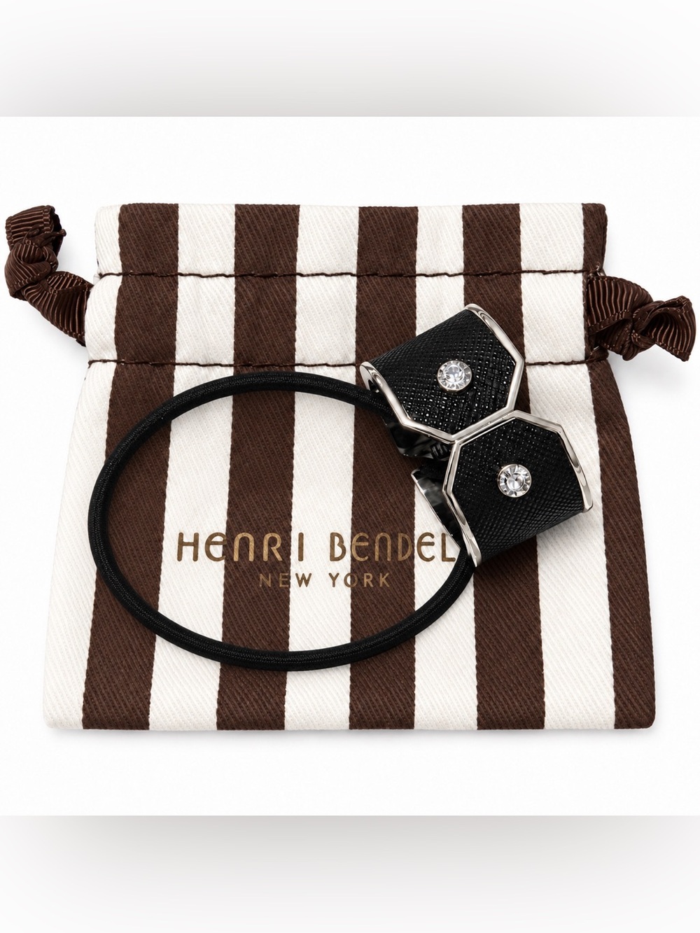 Henri Bendel Black Leather Silver-Plated Cuff Pony Tie Holder / Hair Tie